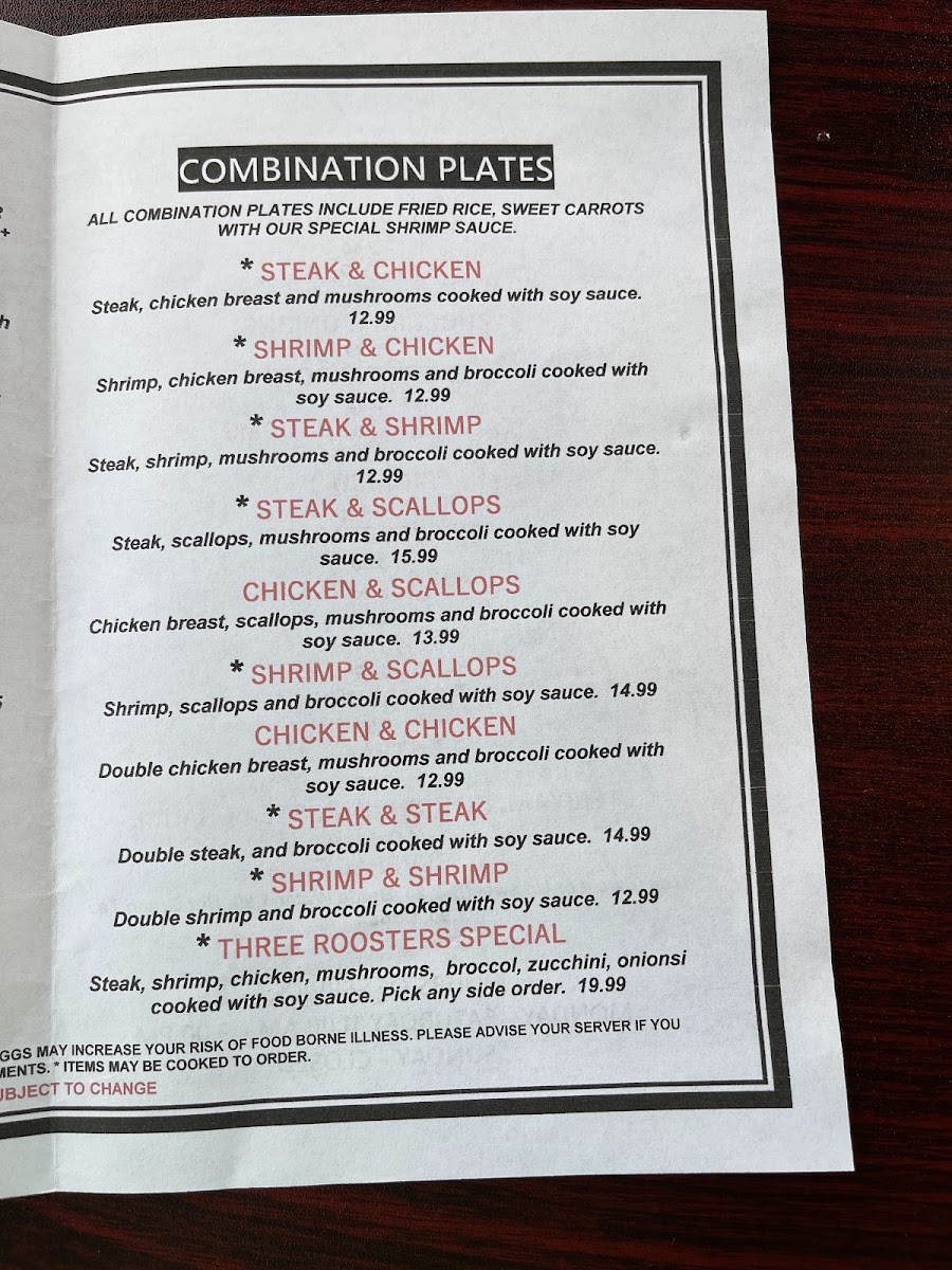 Three Roosters express menu board