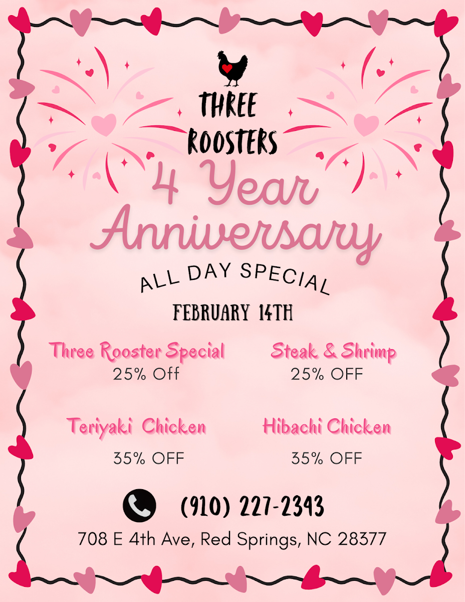 Three Roosters express menu board