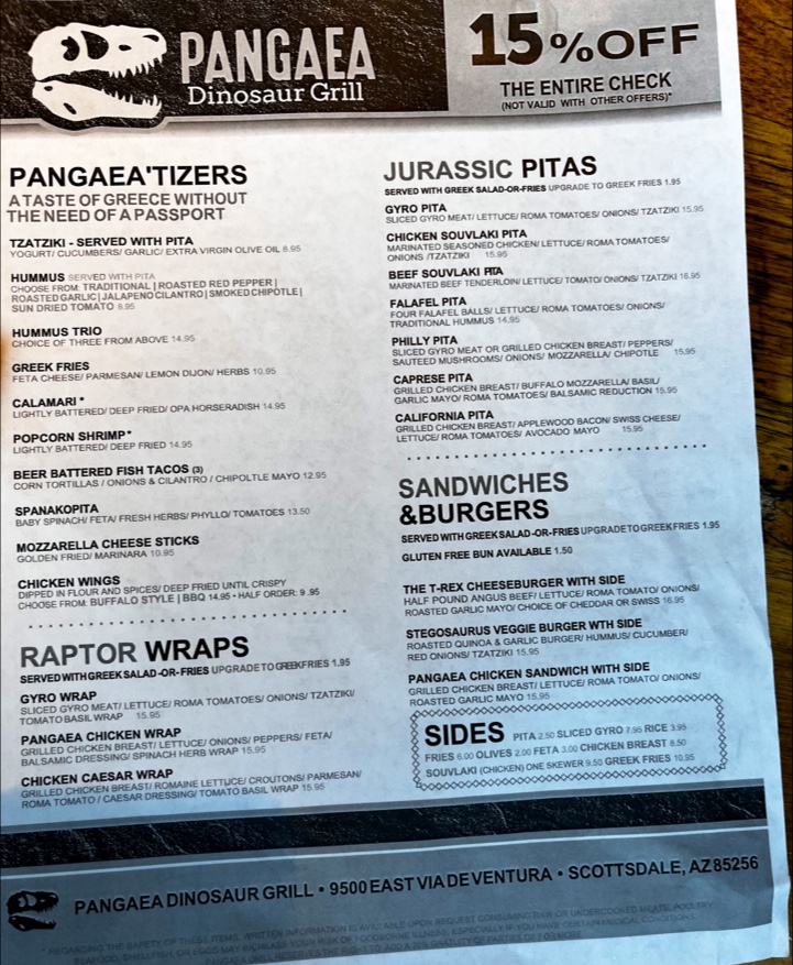 Pangaea Dinosaur Grill menu board