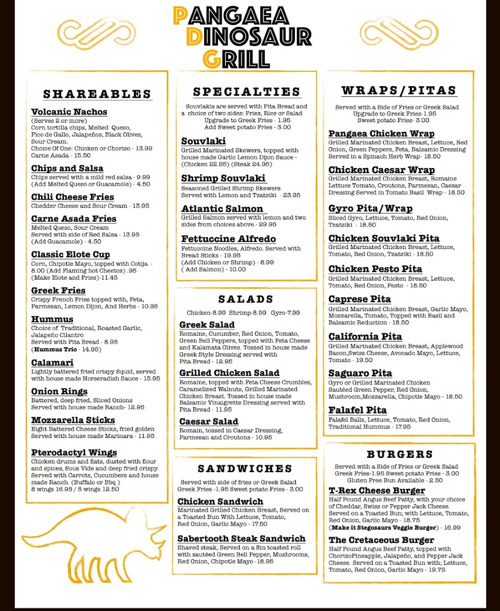 Pangaea Dinosaur Grill menu board