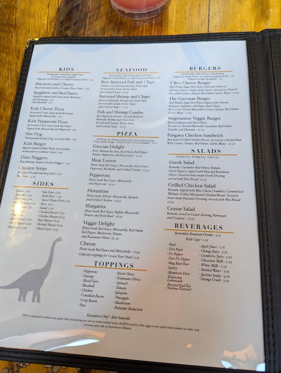 Pangaea Dinosaur Grill menu board