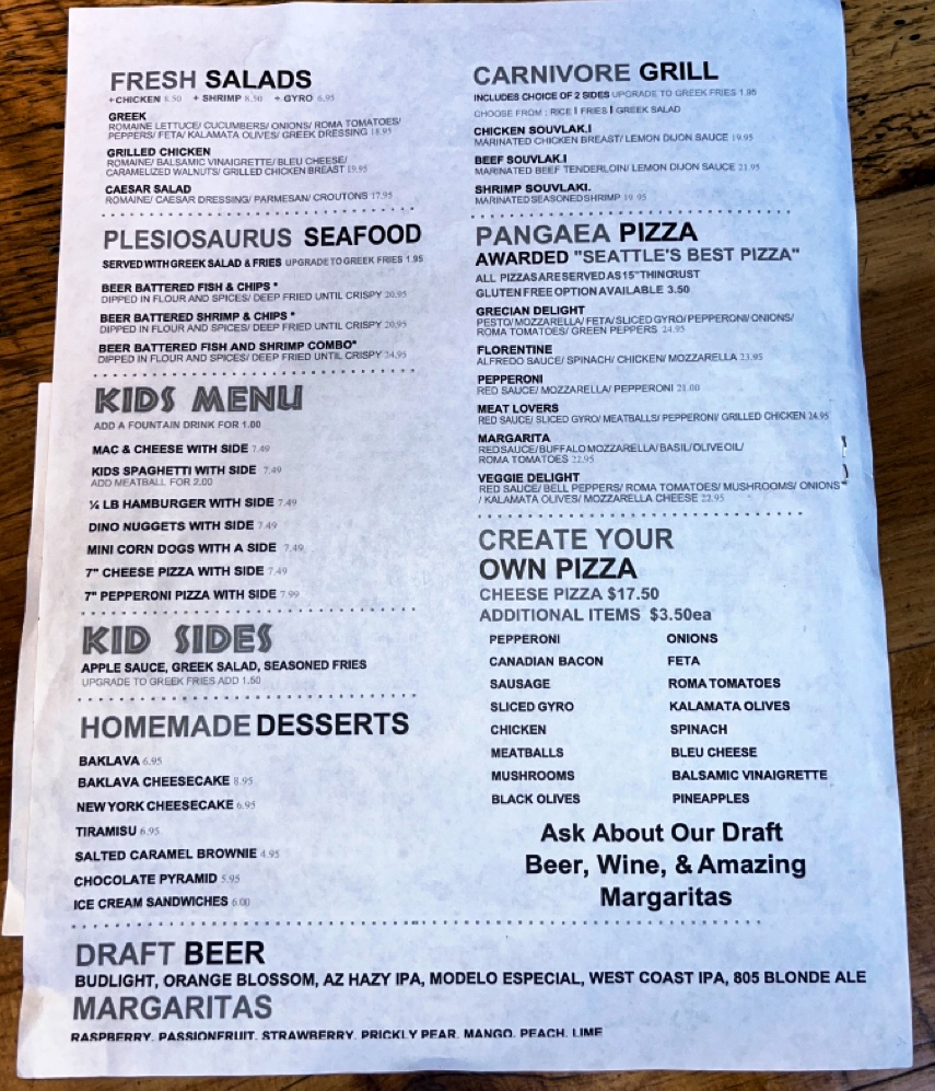 Pangaea Dinosaur Grill menu board