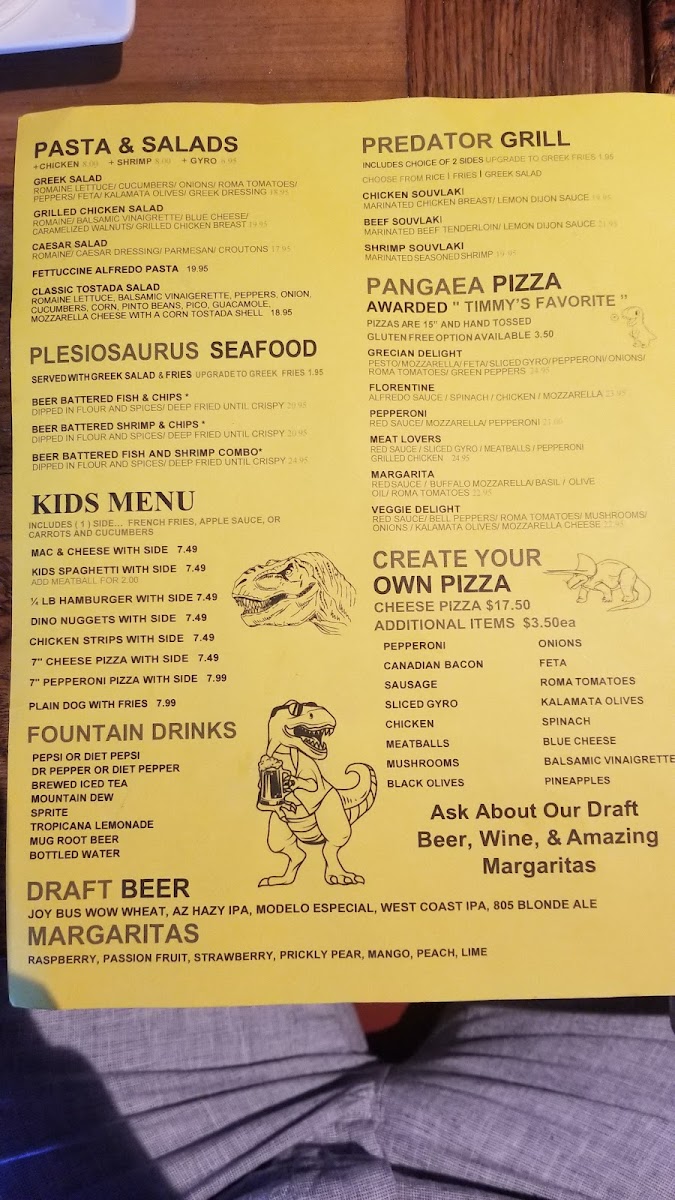 Pangaea Dinosaur Grill menu board