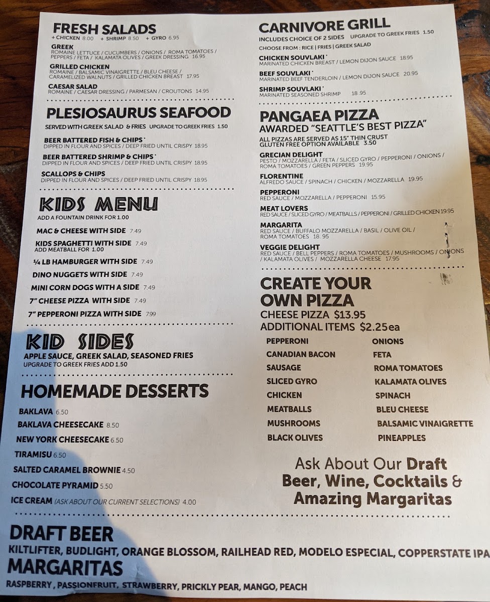 Pangaea Dinosaur Grill menu board