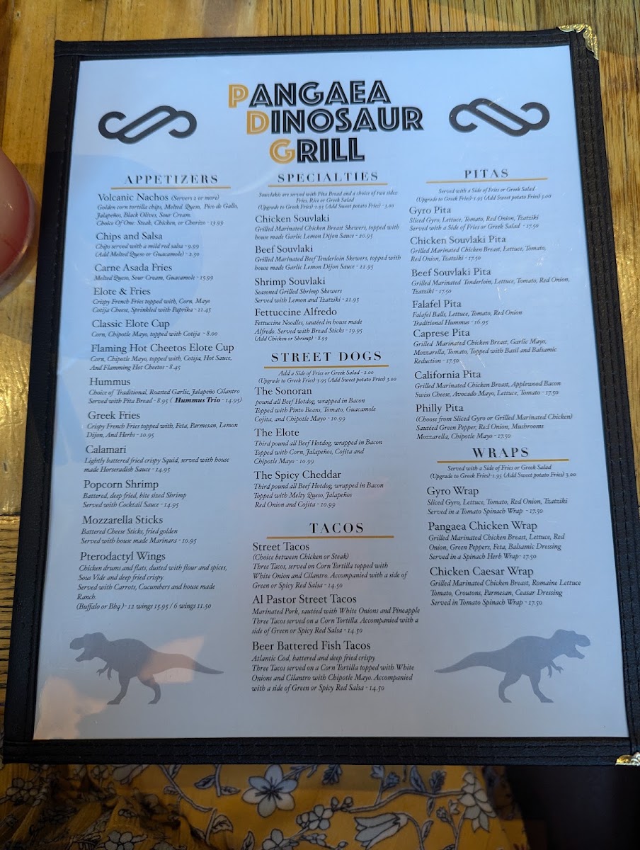 Pangaea Dinosaur Grill menu board