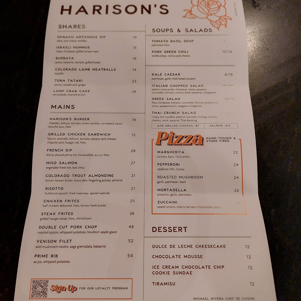 Harison's Restaurant menu board