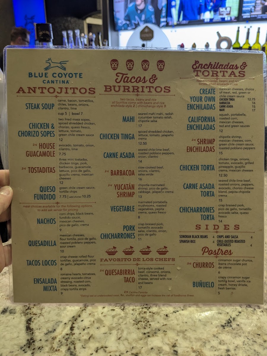 Blue Coyote Cantina menu board