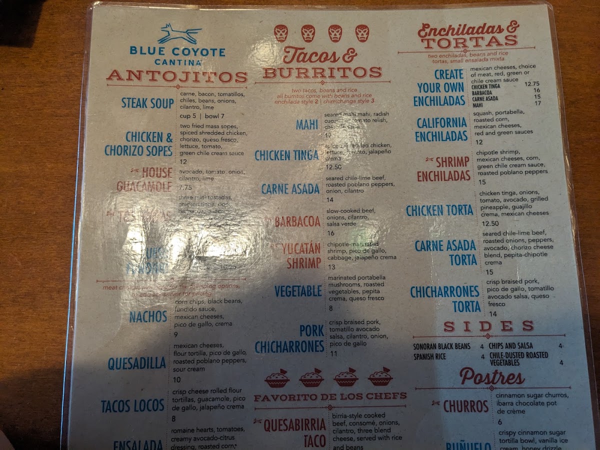 Blue Coyote Cantina menu board