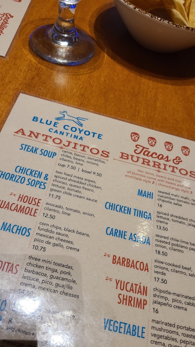 Blue Coyote Cantina menu board