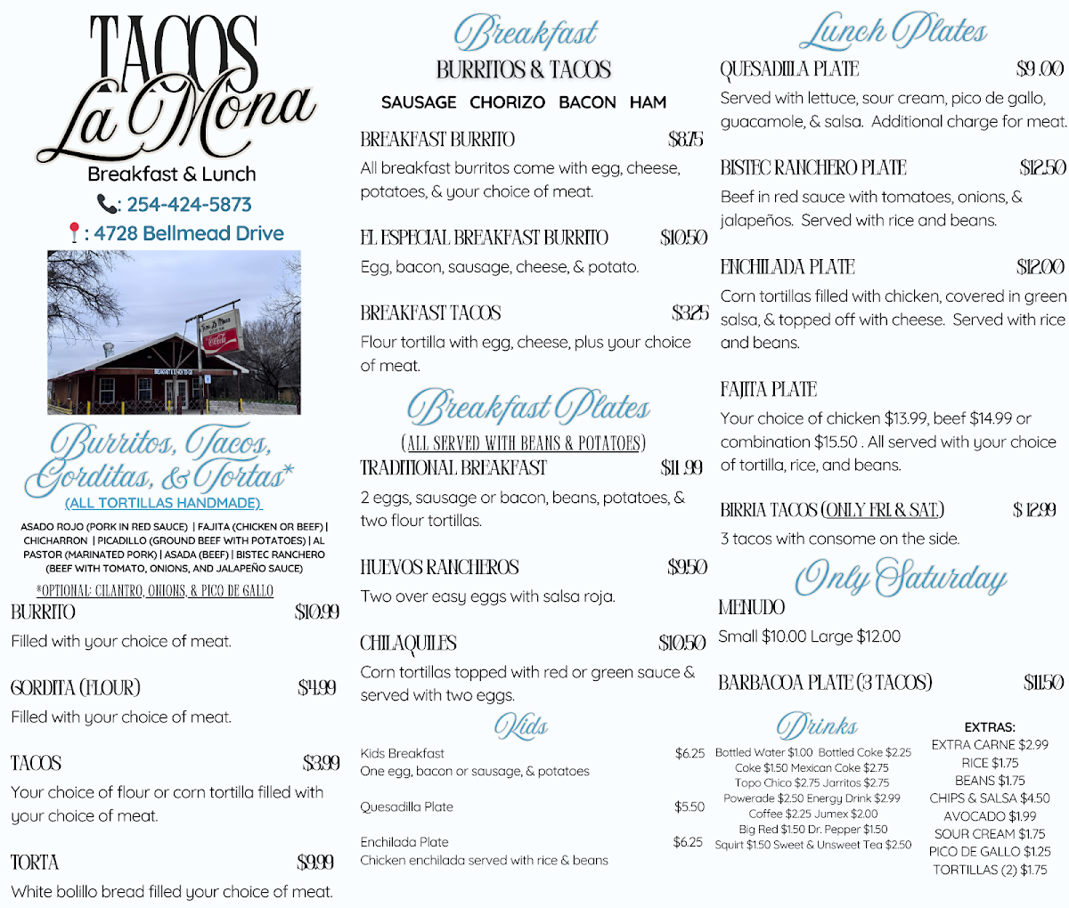 Tacos La Mona menu board