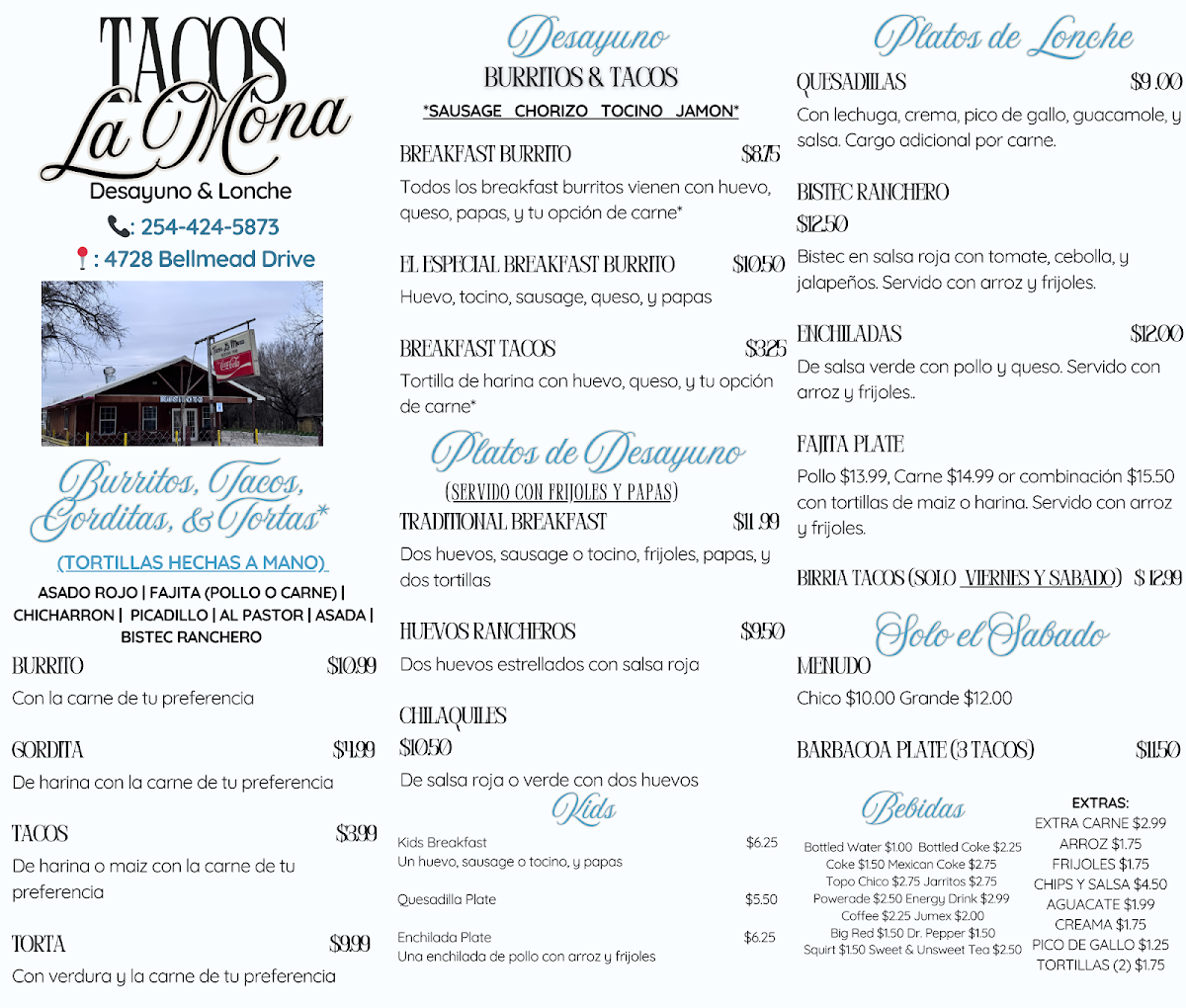 Tacos La Mona menu board
