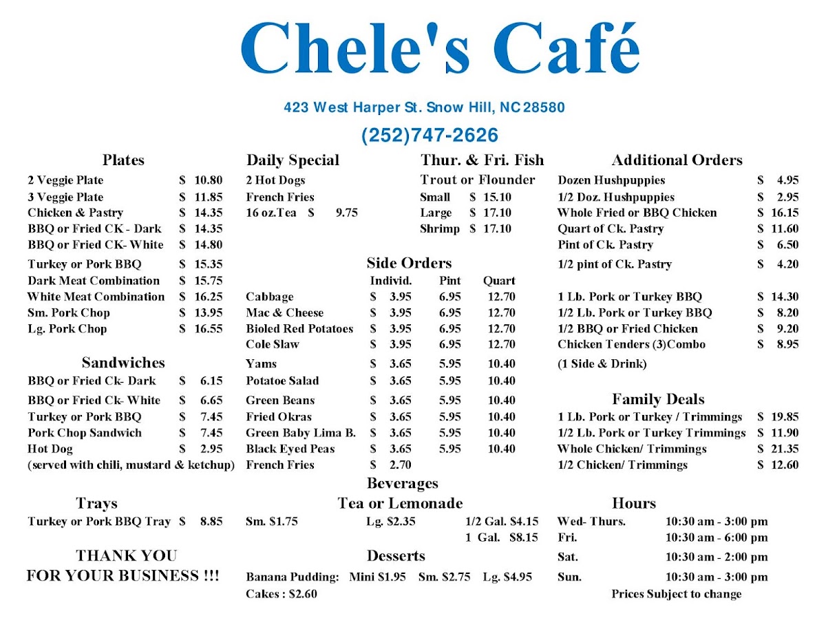 Chele's Cafe menu board
