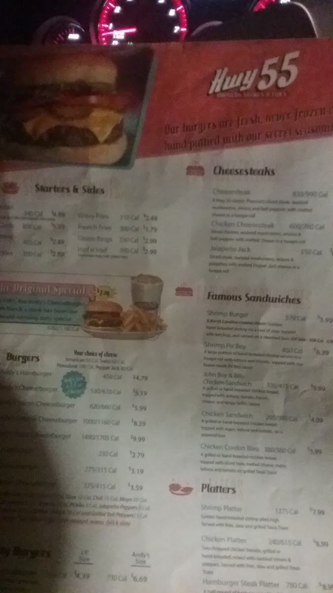 Hwy 55 Burgers Shakes & Fries menu board