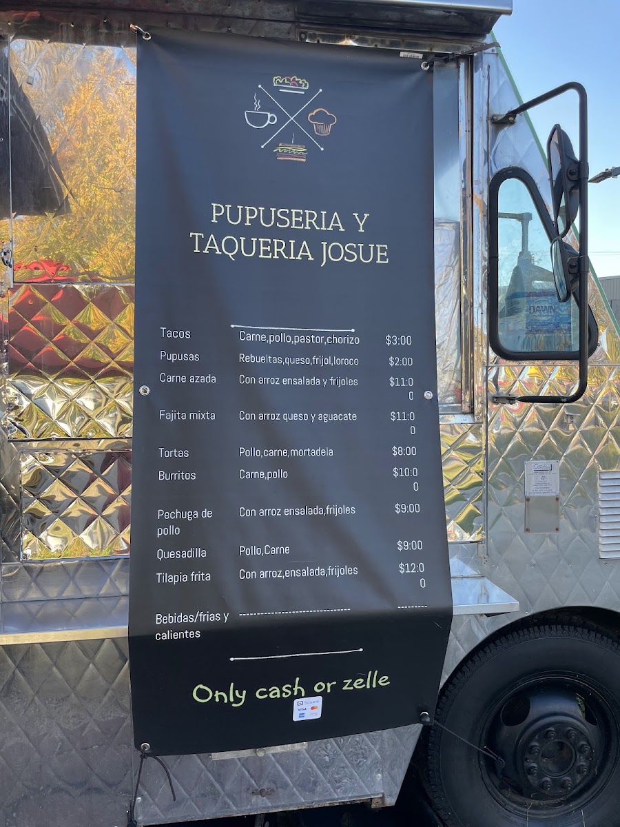 Pupuseria Y Taqueria Josue menu board
