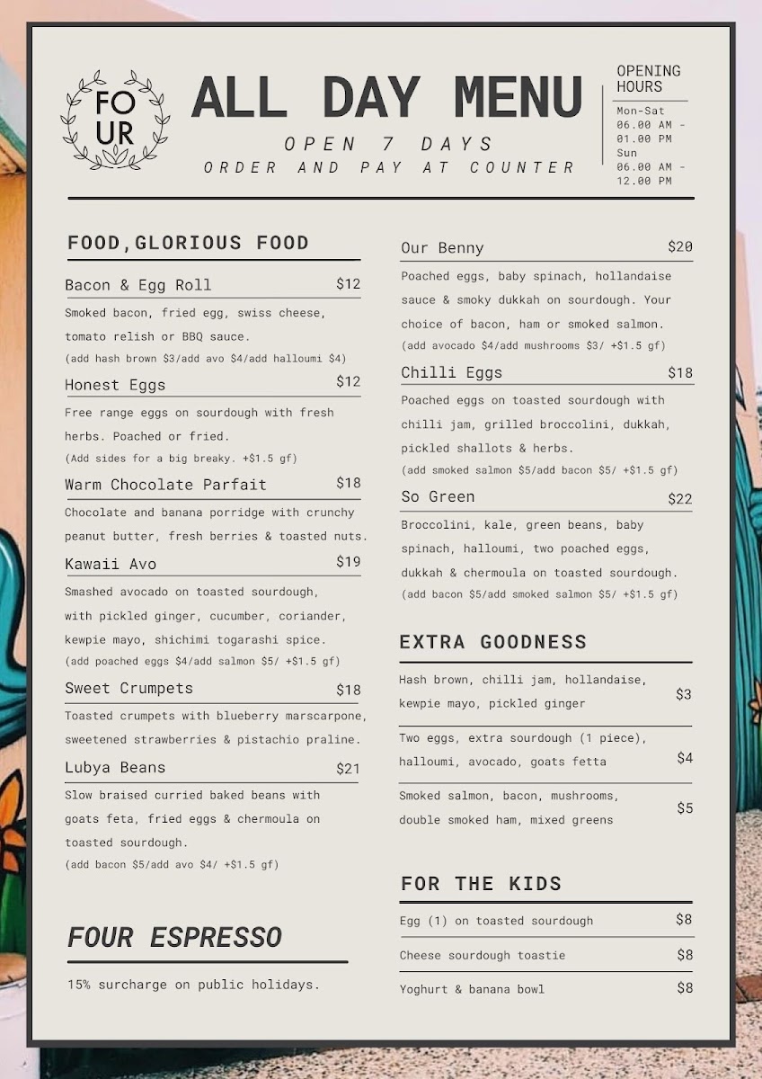 Four Espresso menu board