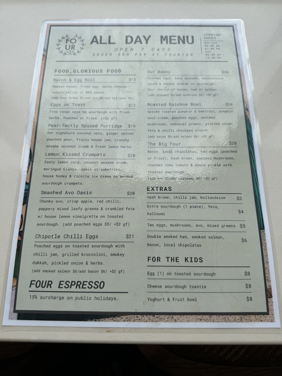 Four Espresso menu board