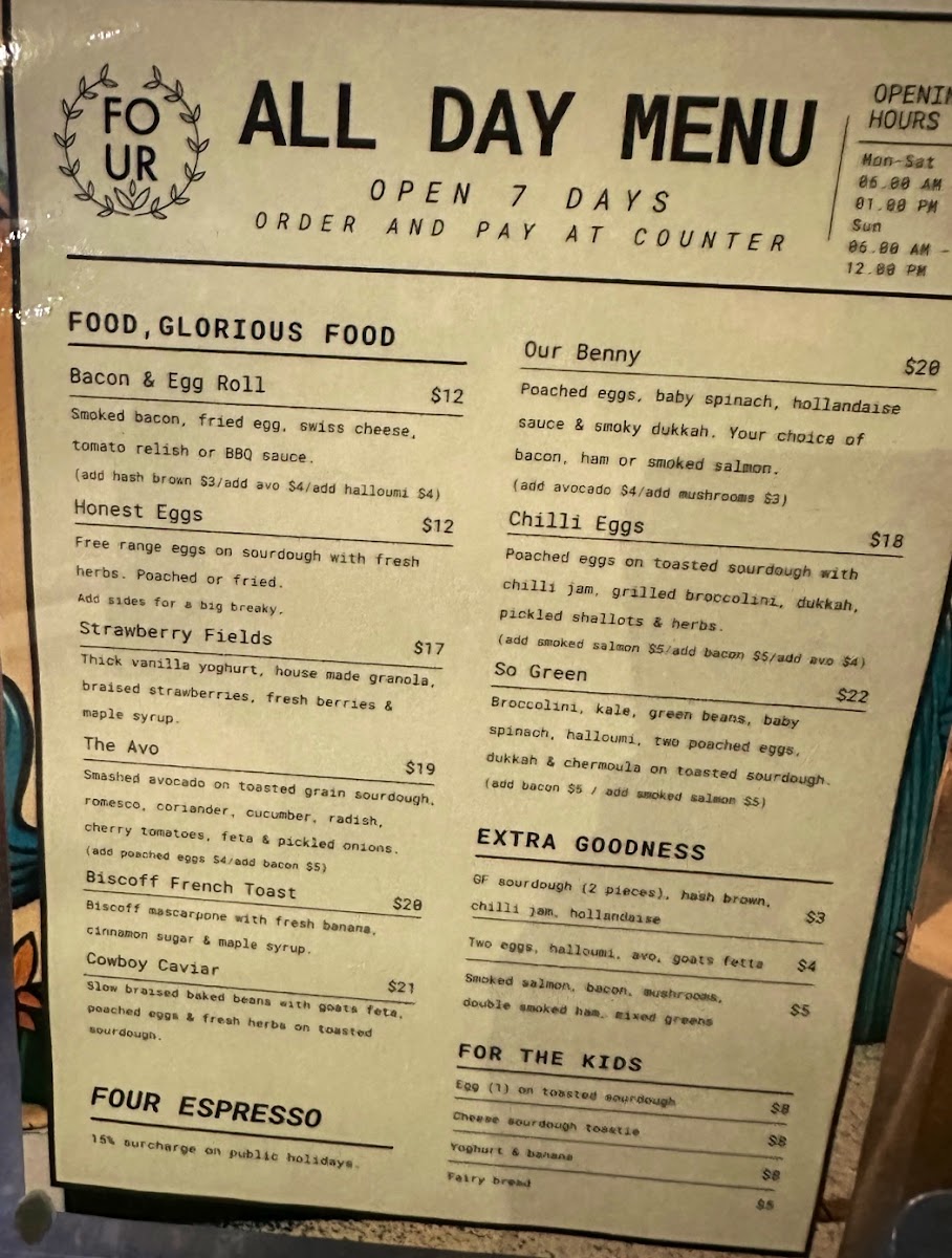 Four Espresso menu board