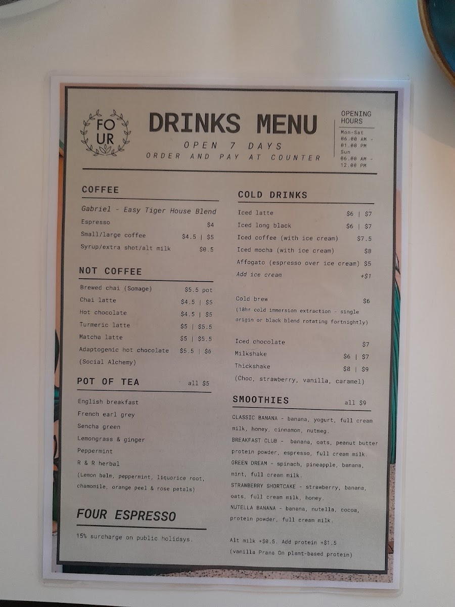 Four Espresso menu board