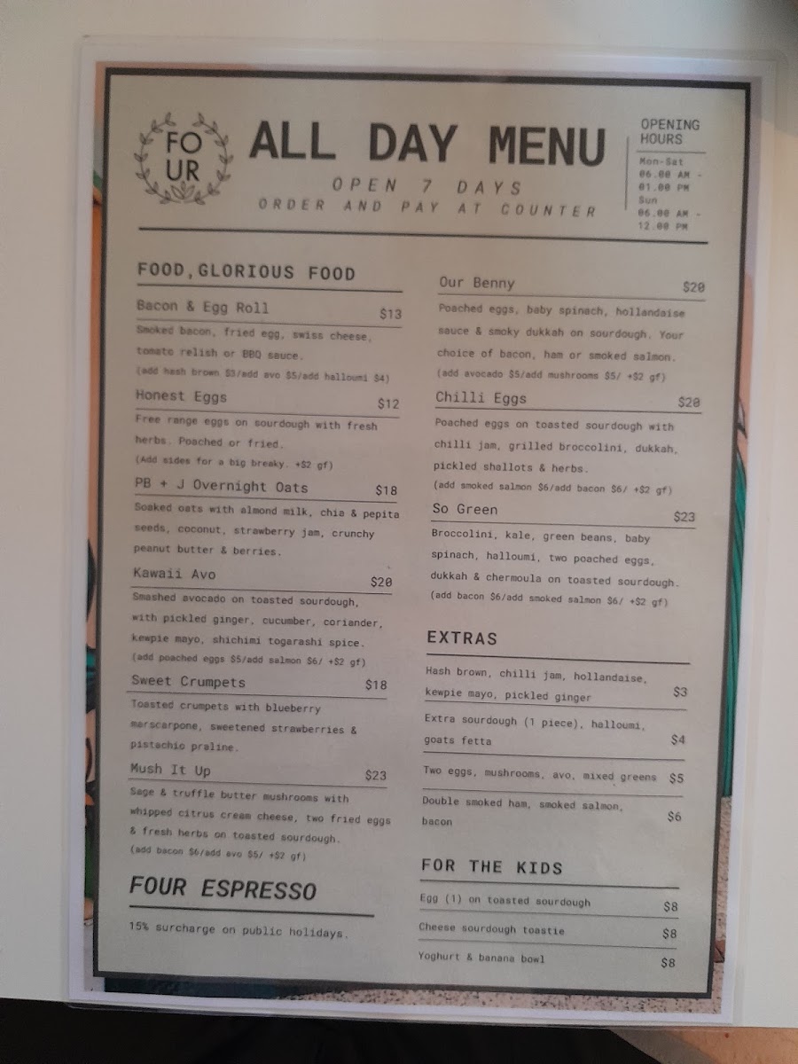 Four Espresso menu board