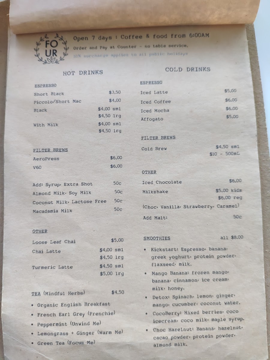 Four Espresso menu board