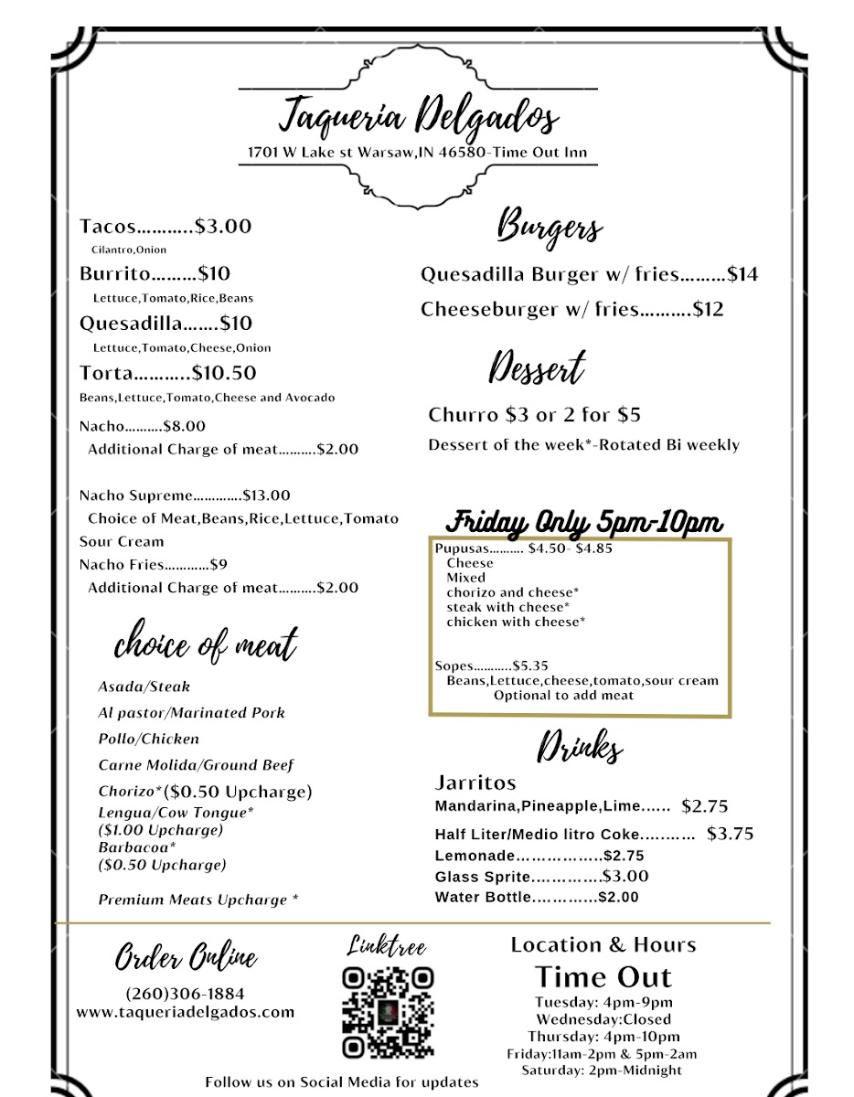 Taqueria Delgados menu board