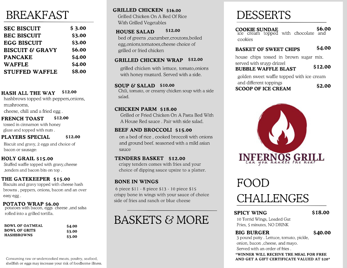 Infernos Grill menu board