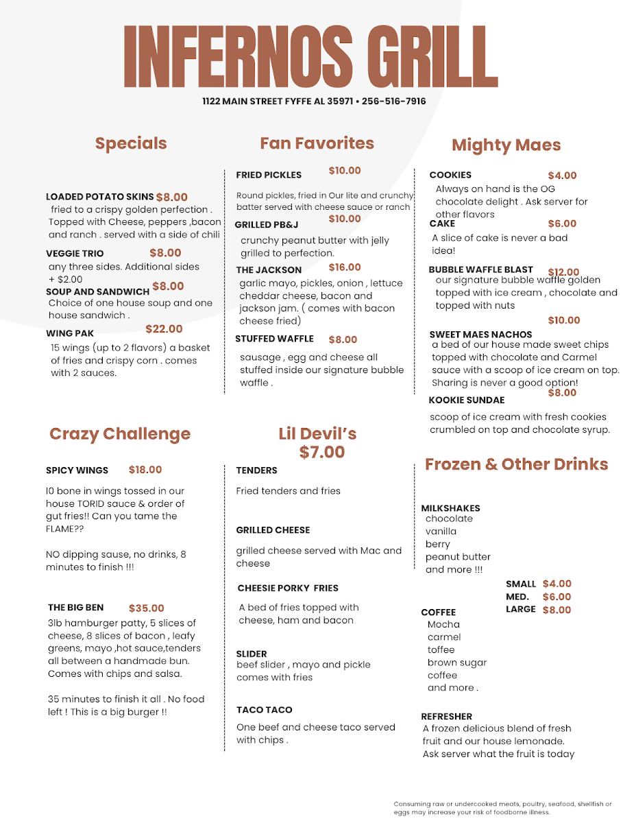 Infernos Grill menu board