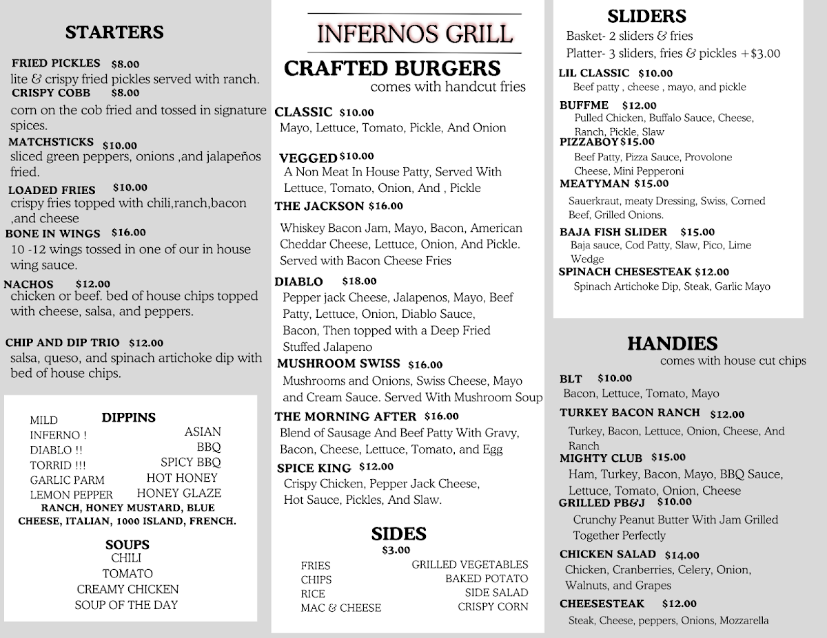 Infernos Grill menu board