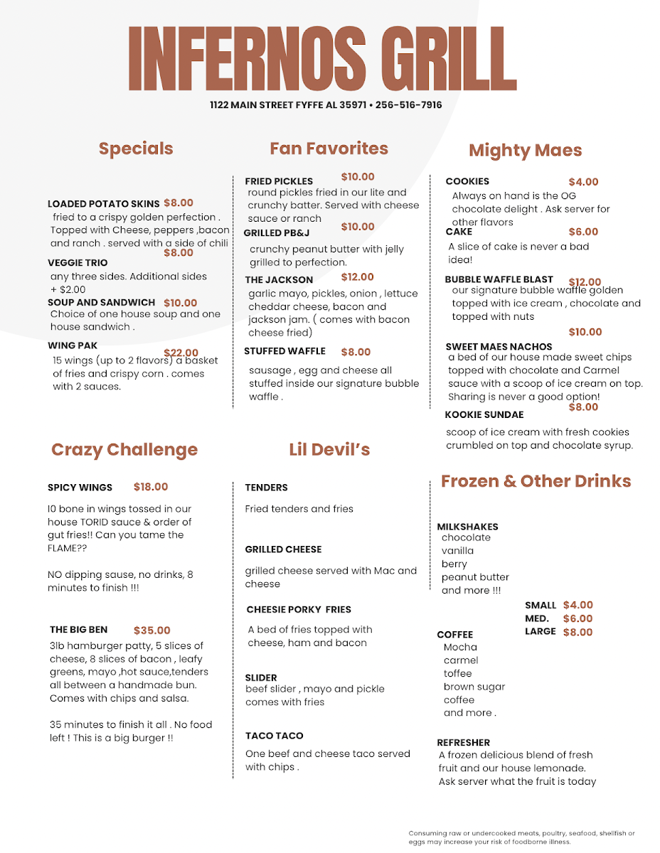 Infernos Grill menu board
