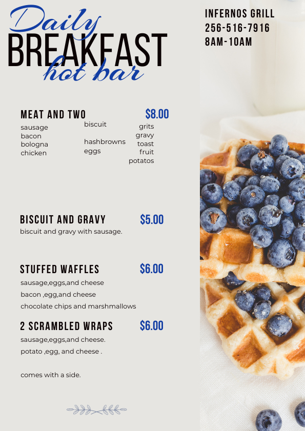 Infernos Grill menu board