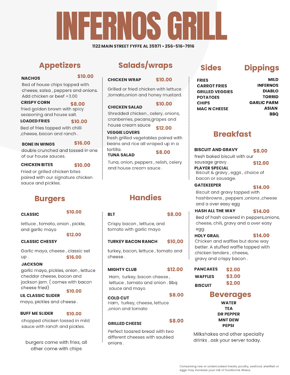 Infernos Grill menu board