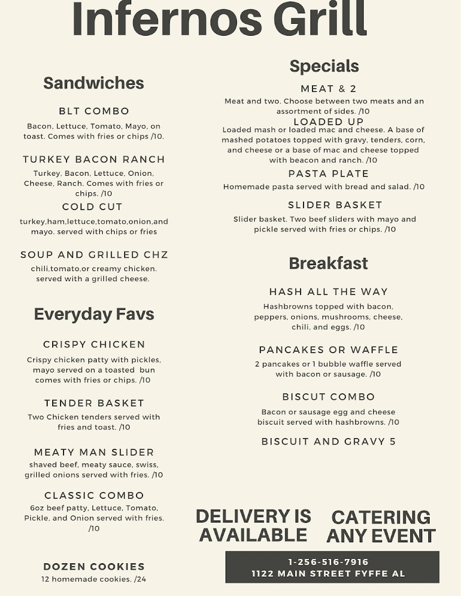 Infernos Grill menu board