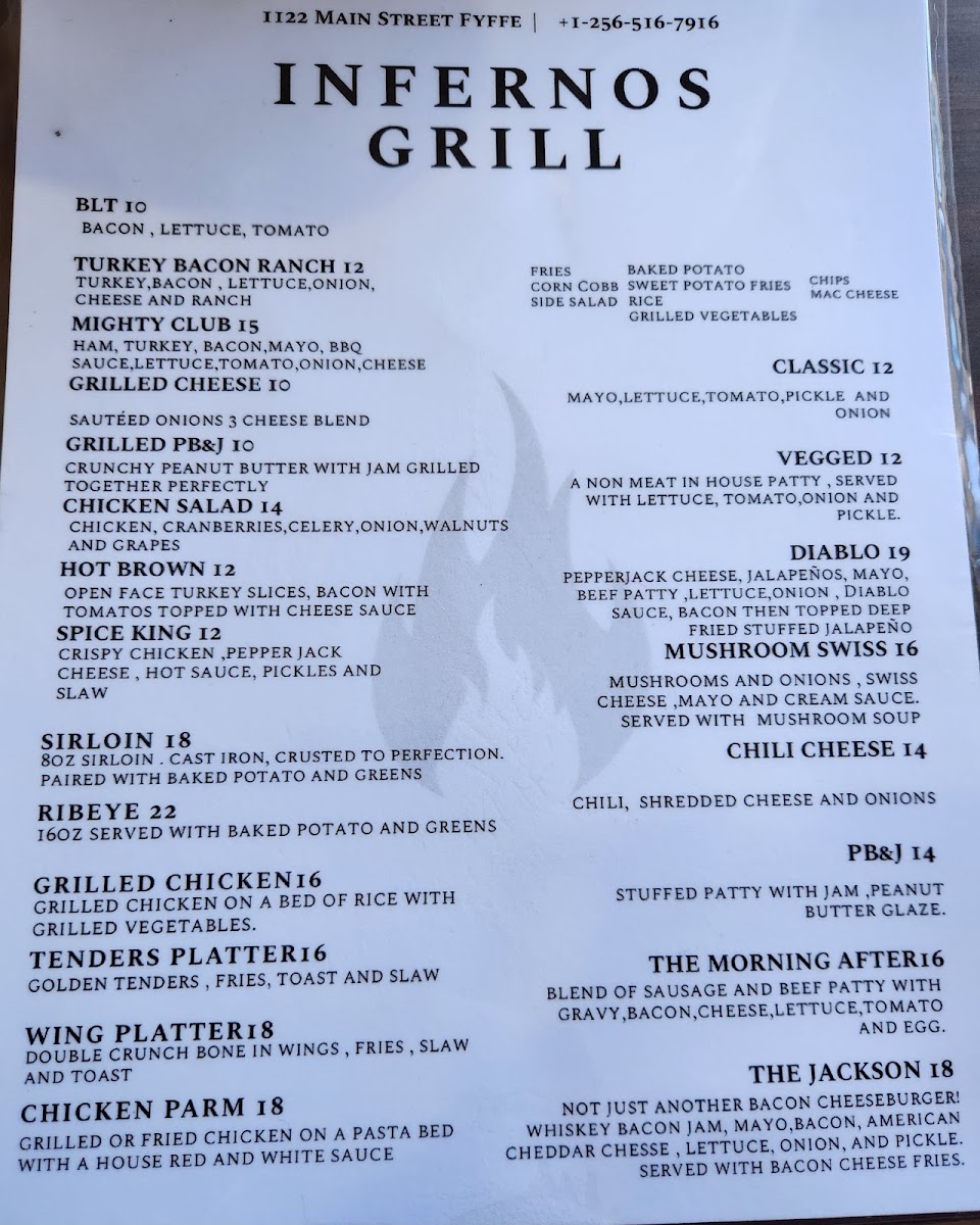 Infernos Grill menu board