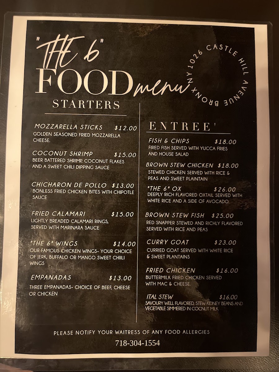 The 6 Lounge menu board