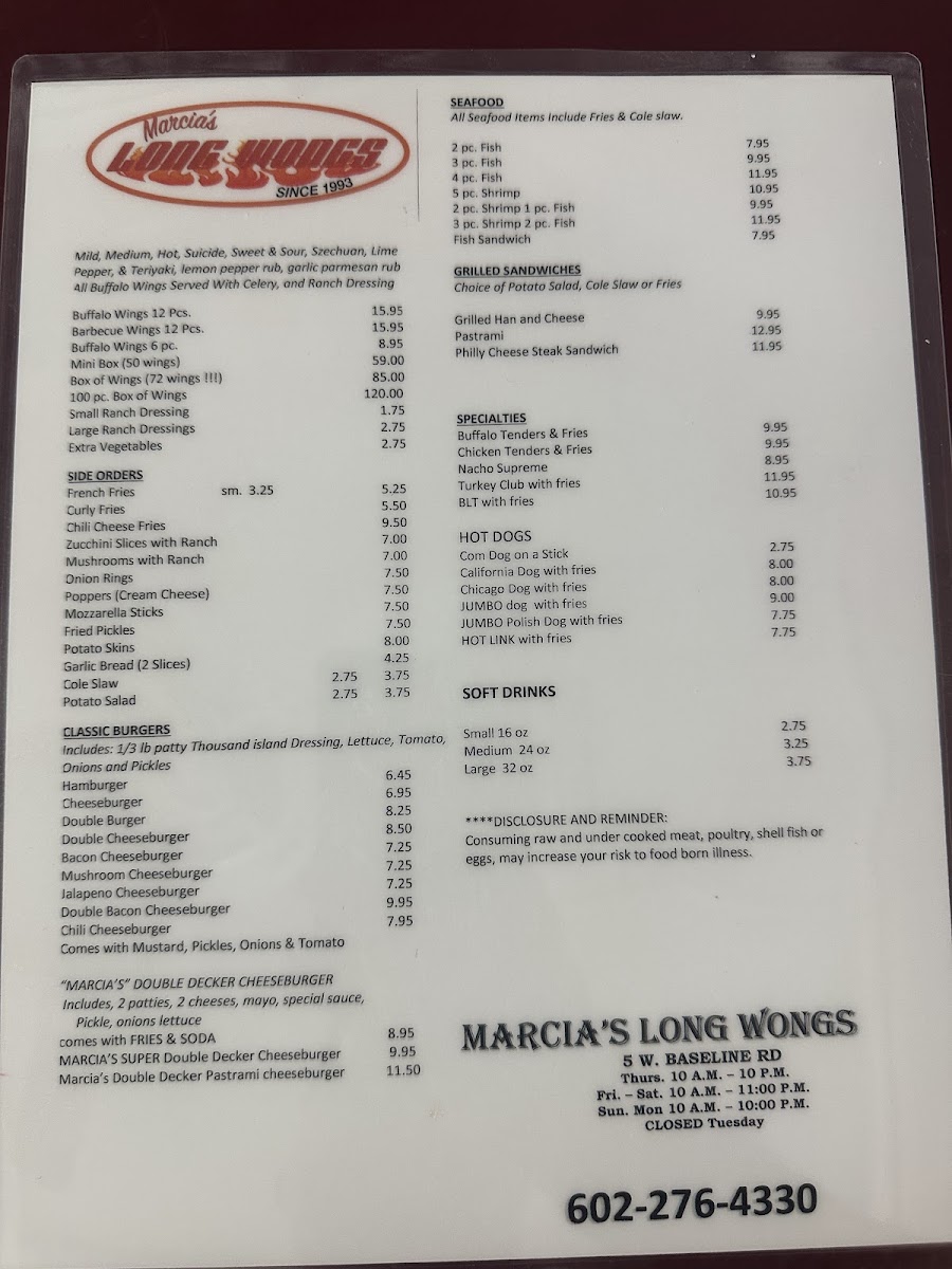 Marcia's Long Wongs menu board