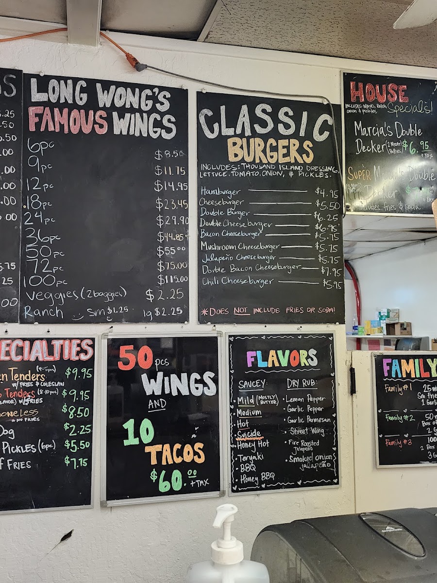 Marcia's Long Wongs menu board