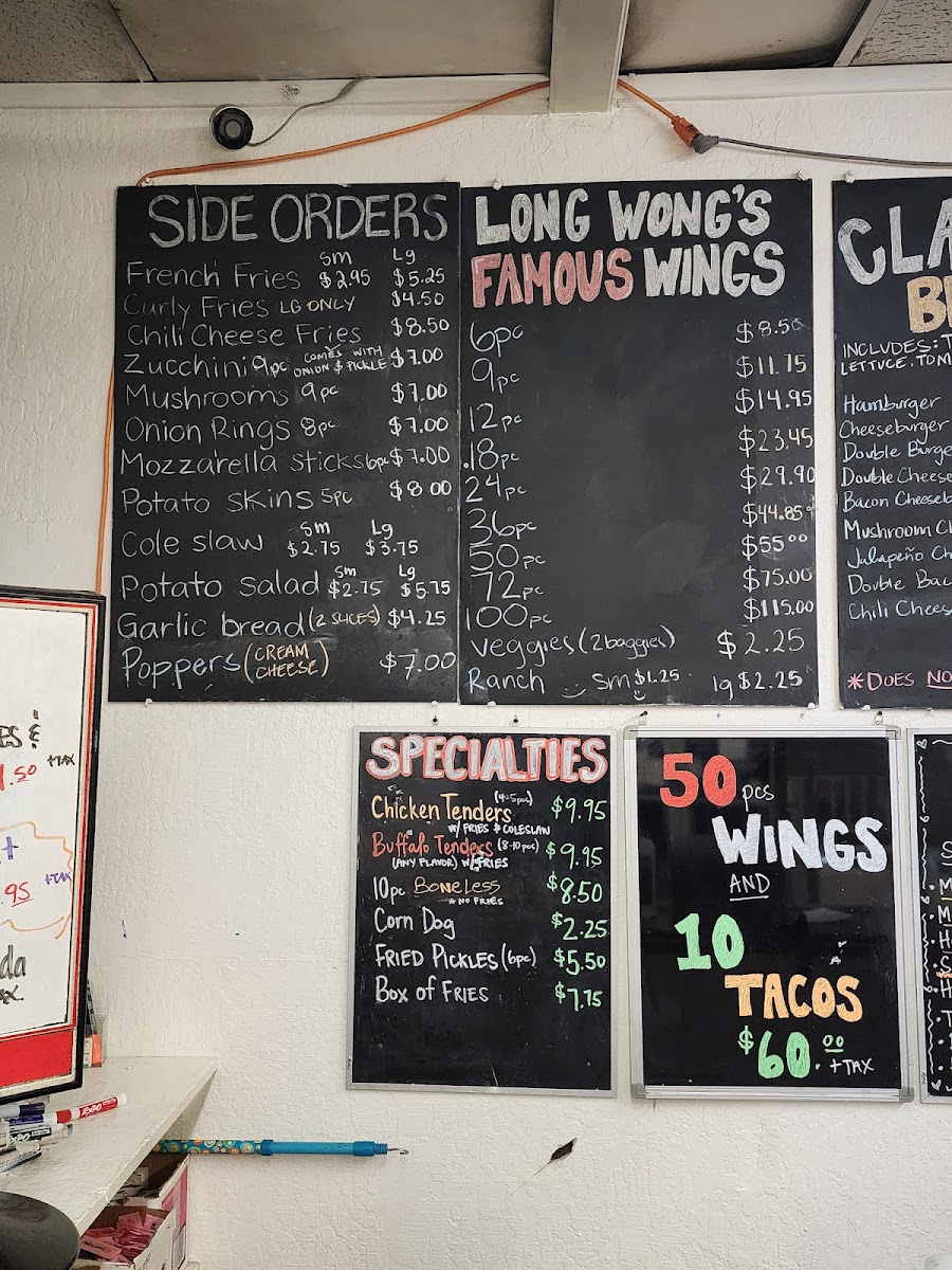 Marcia's Long Wongs menu board