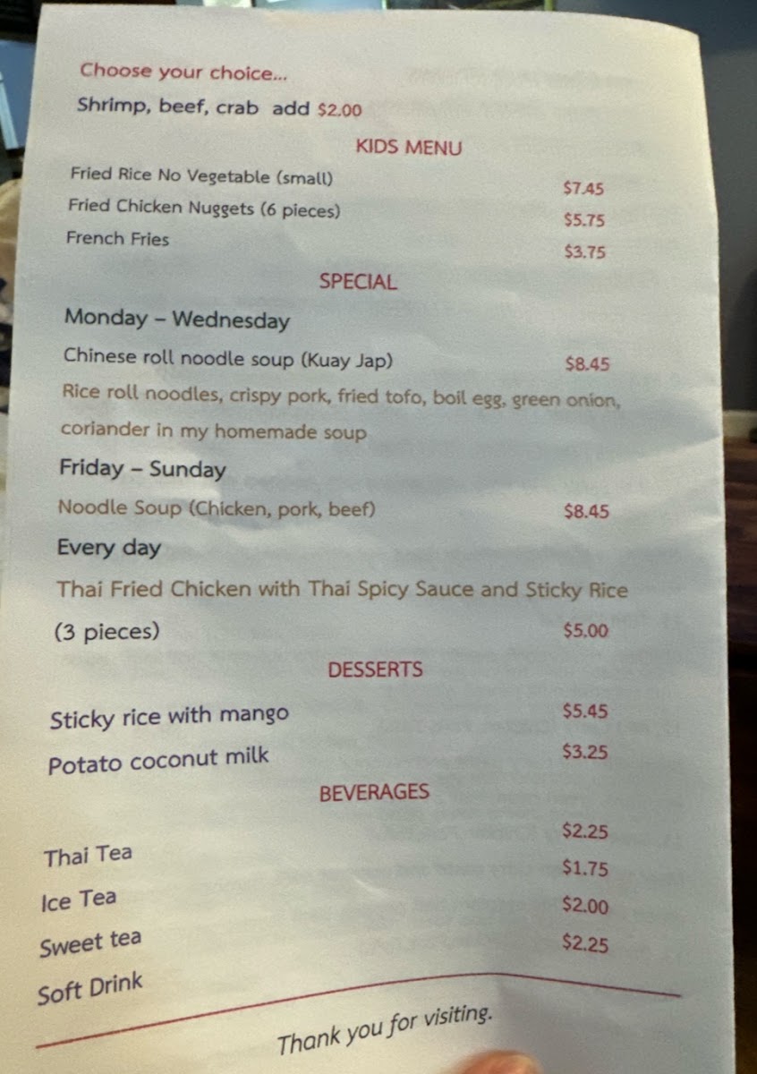 Thai Welcome Restaurant menu board
