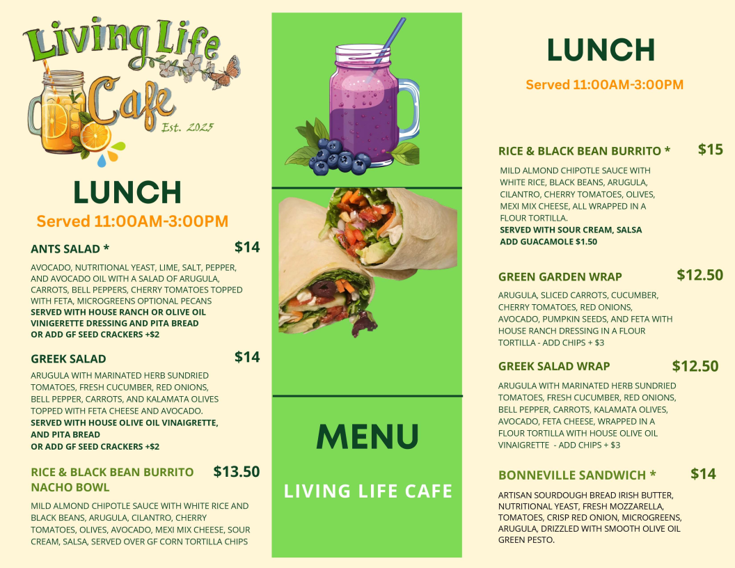 Living Life Cafe menu board