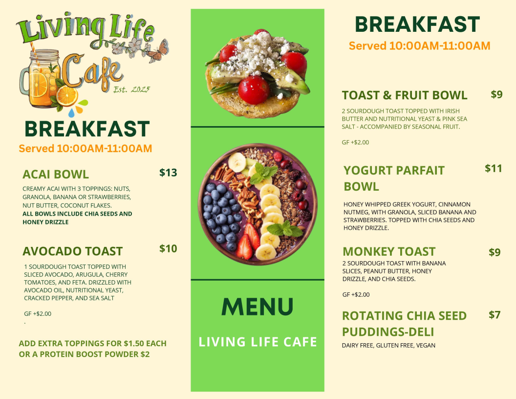 Living Life Cafe menu board
