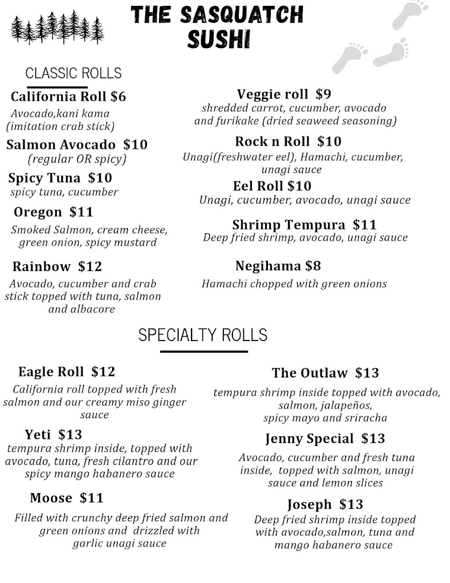 The Sasquatch Sushi menu board