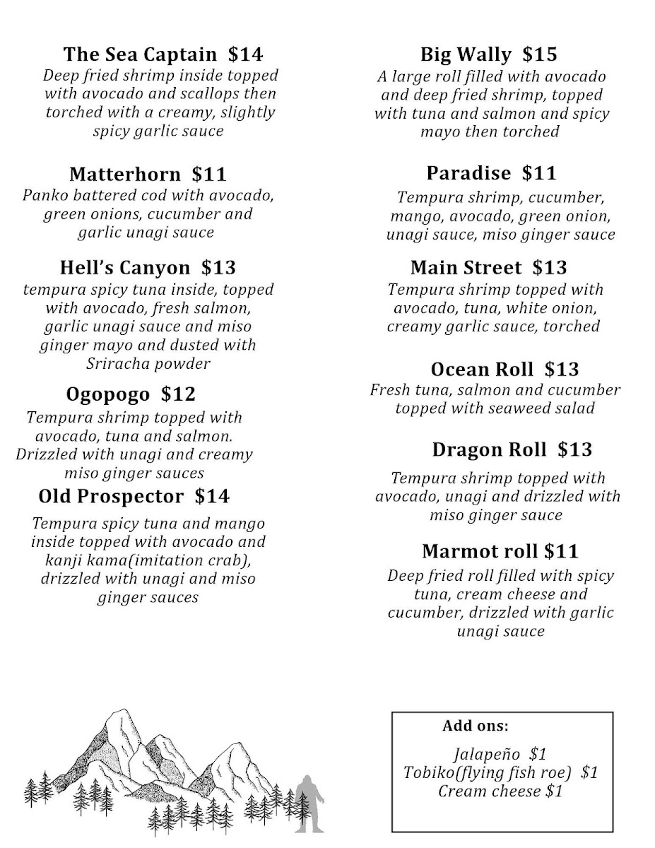 The Sasquatch Sushi menu board