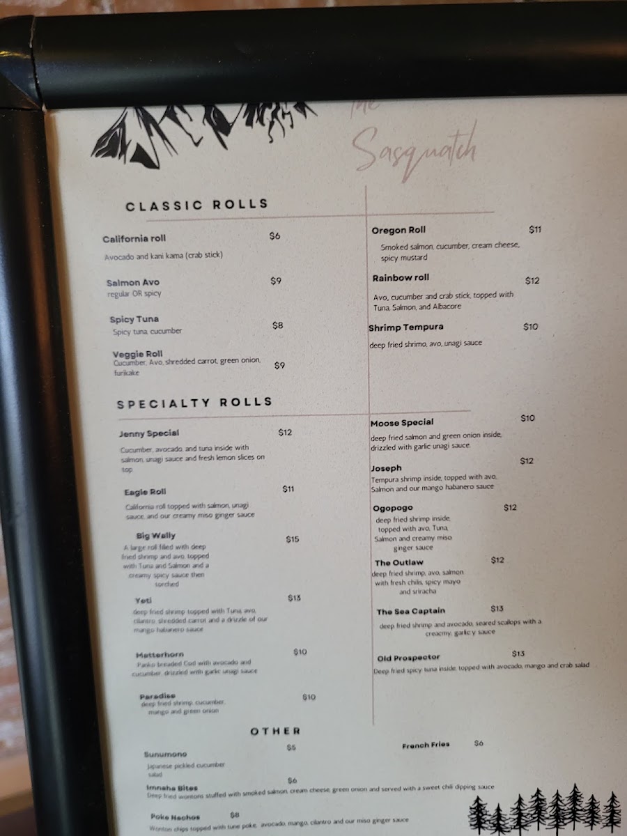 The Sasquatch Sushi menu board