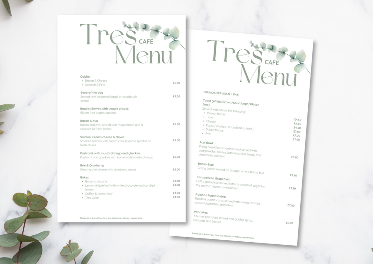 Tres Cafe menu board