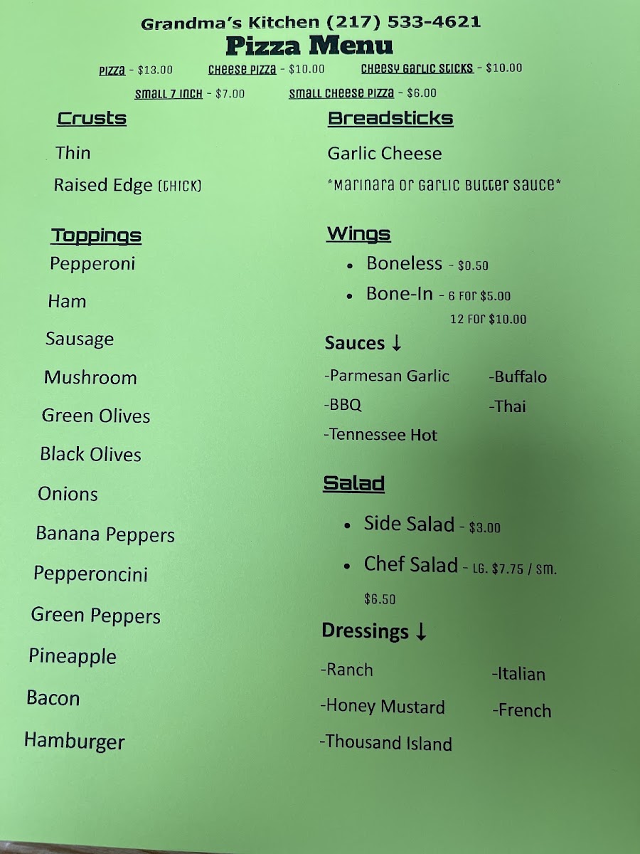 Grandma's Kitchen menu board