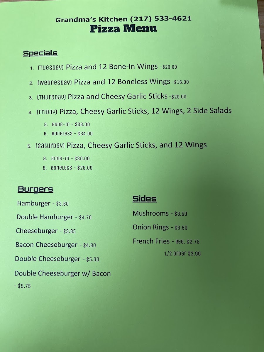 Grandma's Kitchen menu board