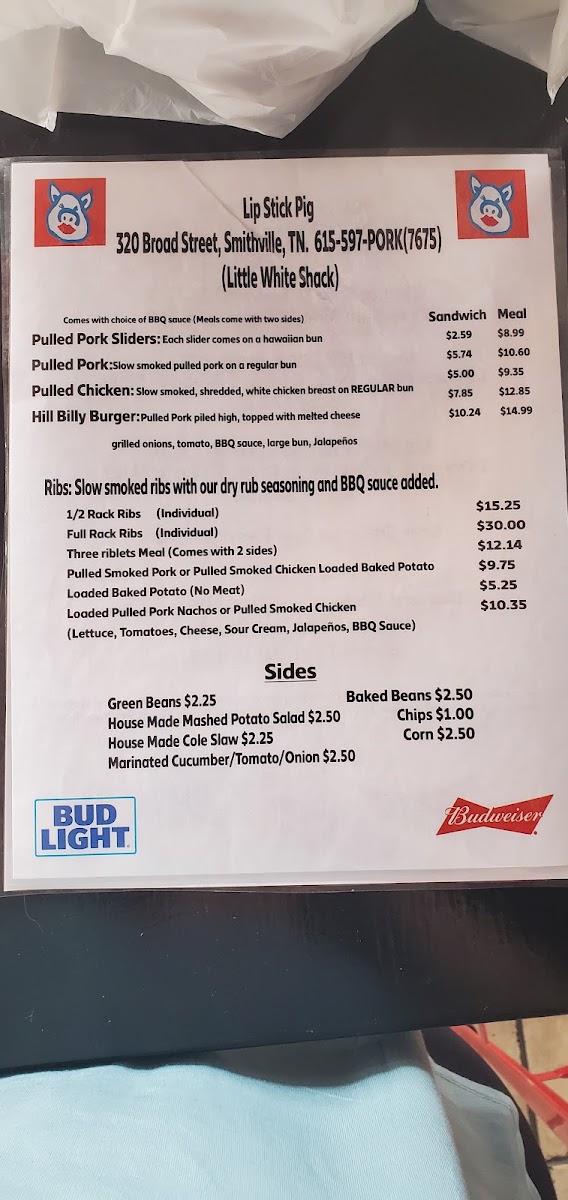 The Lipstick Pig Barbeque menu board