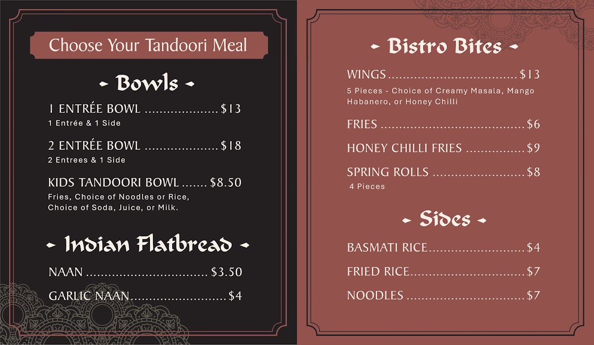 Tandoori Bistro menu board