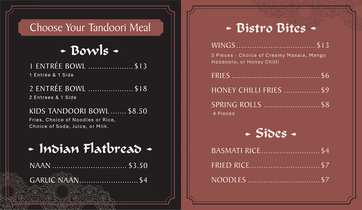 Tandoori Bistro menu board