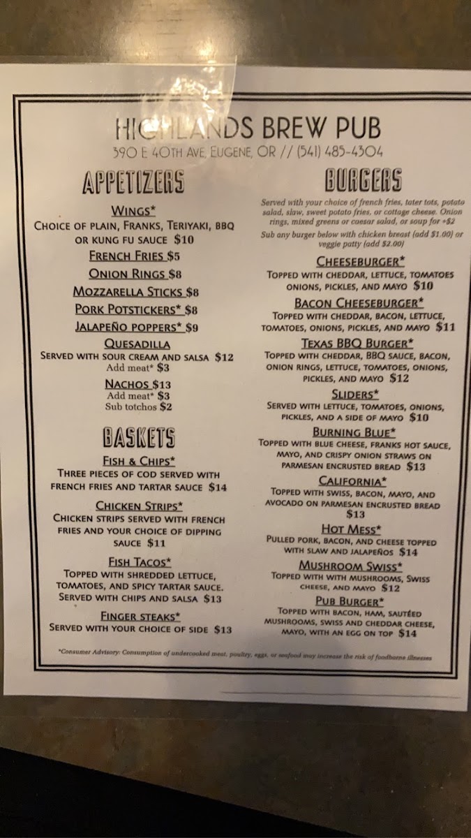 Highlands Brew Pub menu board